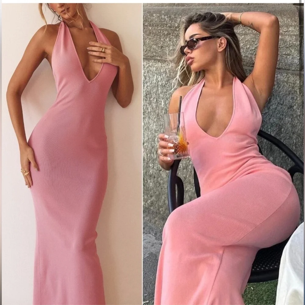 new House of CB Camelia deep v plunge neck halter knit dress in coral pink